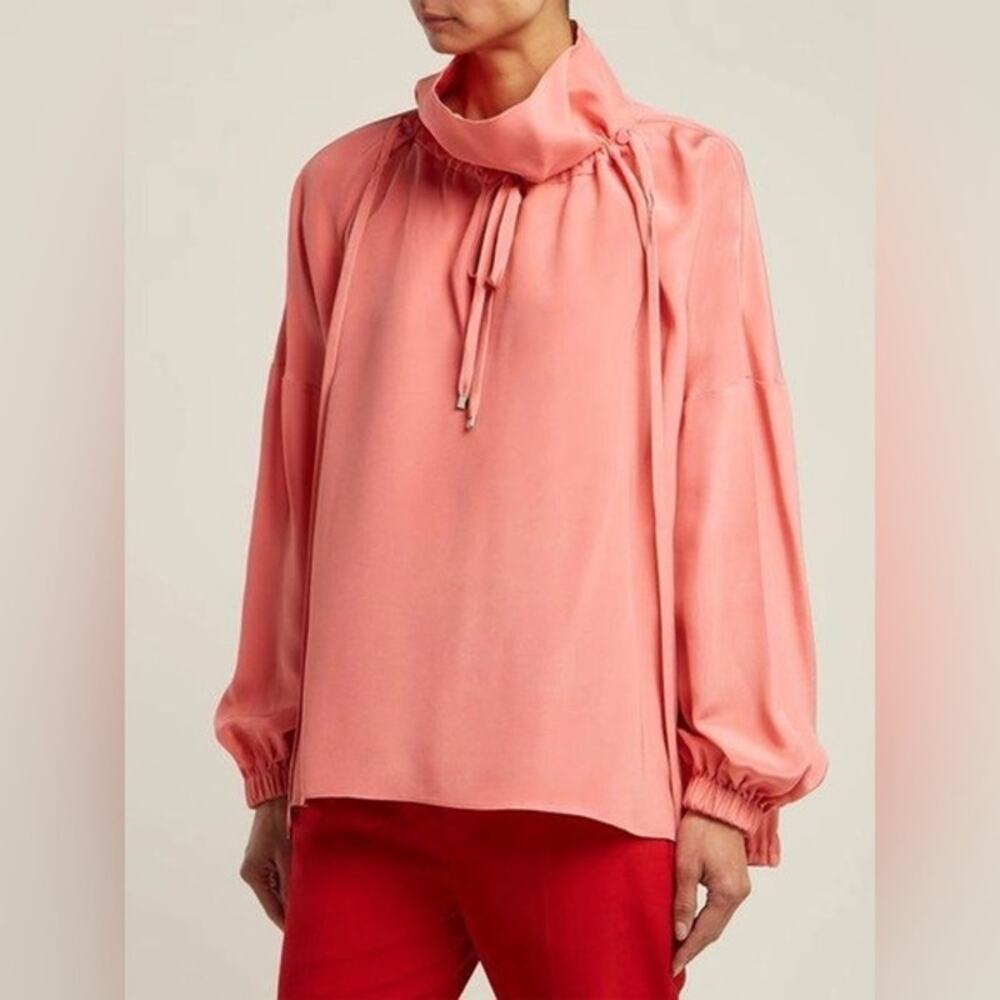 Tibi Drawstring Blouse Salmon Pink 100% Silk Crepe de Chine Streetwear SZ XS